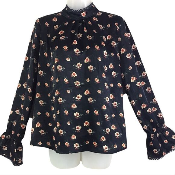 J.O.A. black Floral High Neck Long Bell Sleeve Blouse - Picture 1 of 9